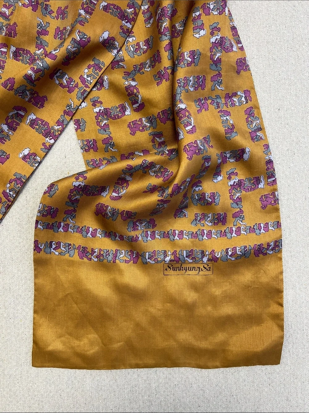 Vintage Sunburning Silk Blend Scarf Mustard Gold Abstract 50” Long